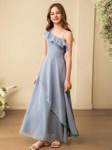 SHEIN Tween Girls Bridesmaid Shoulder Ruffle Asymmetrical Hem Maxi ...