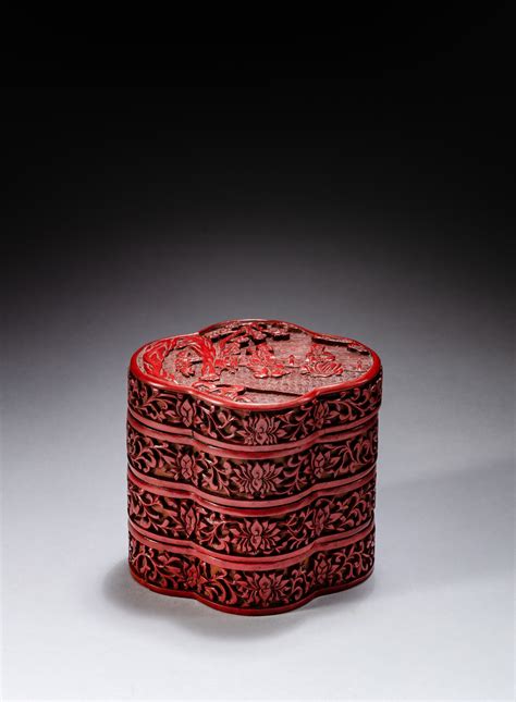 A carved cinnabar lacquer three-tiered box and cover, Ming dynasty ...
