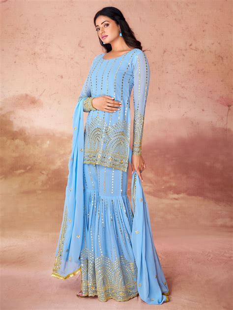 Buy Sky-Blue Sequins Georgette Sharara Suit With Dupatta From Ethnic Plus