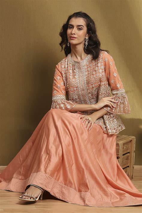 Buy Peach Net Embroidered Peplum Kurta Lehenga Set Online at Biba India