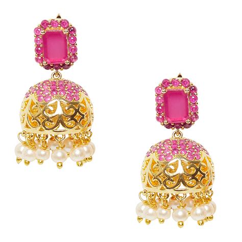 Gold Pink Jhumkis With Pearls – VOYLLA