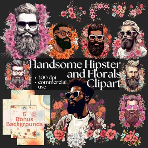Handsome Hipster Bearded Men 1950s Style Florals Digital Clipart Pack ...