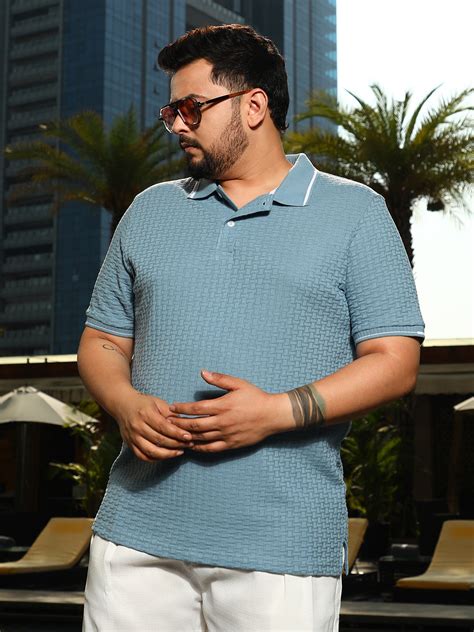 Instafab Plus Men's Powder Blue Interweave-Textured Polo T-Shirt