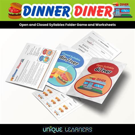 Dinner Diner | Open and Closed Syllables Folder Game and Worksheets