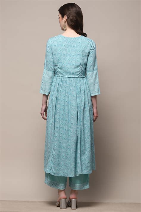 Turquoise Rayon Gathered Suit Set at Biba India