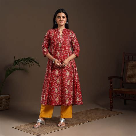 Red Block Print Cotton A-Line Sanganeri Kurta