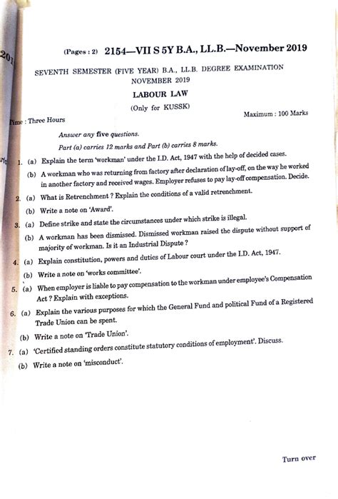 Labour Law - Question Papers for 7th Sem (5Y B.A., LL.B.) Exam - Studocu