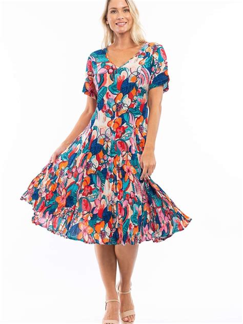Orientique Borellie Blue & Orange Mix Crinkled Short Sleeve Midi Dress ...
