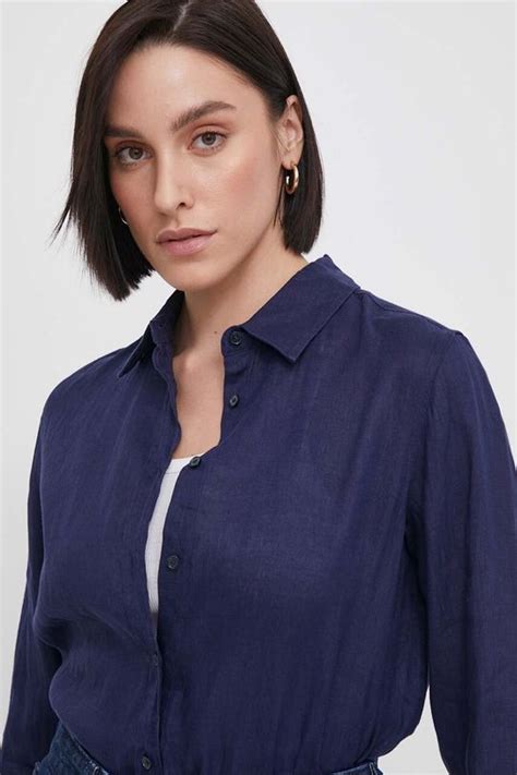 United Colors of Benetton koszula lniana kolor granatowy regular z ...