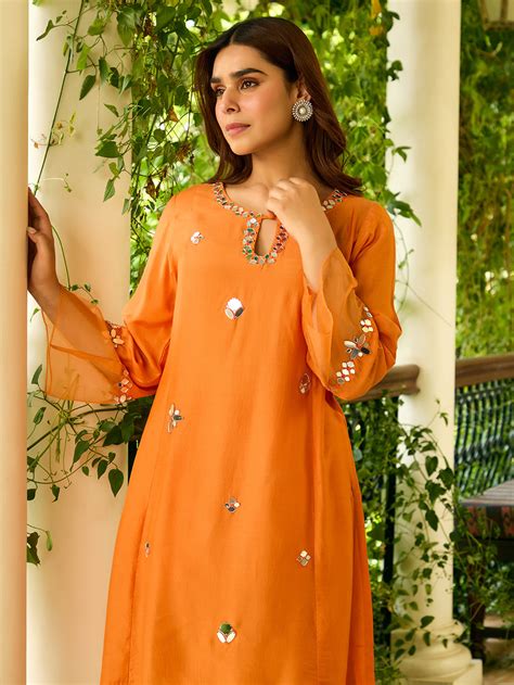 Powder Pink Gota Embroidered Chanderi Kurta with Pants- Set of 2