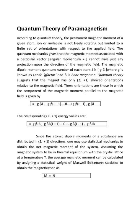 Quantum Theory of Paramagnetism - Lecture Notes - Studocu