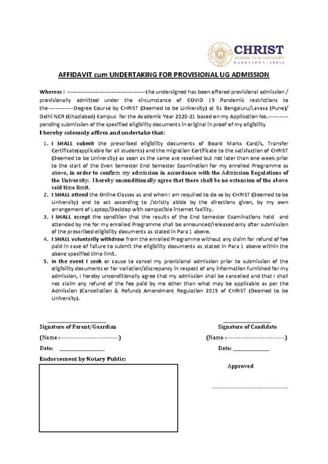 Affidavit & Undertaking for Provisional UG Admission - 2020-21 - Studocu