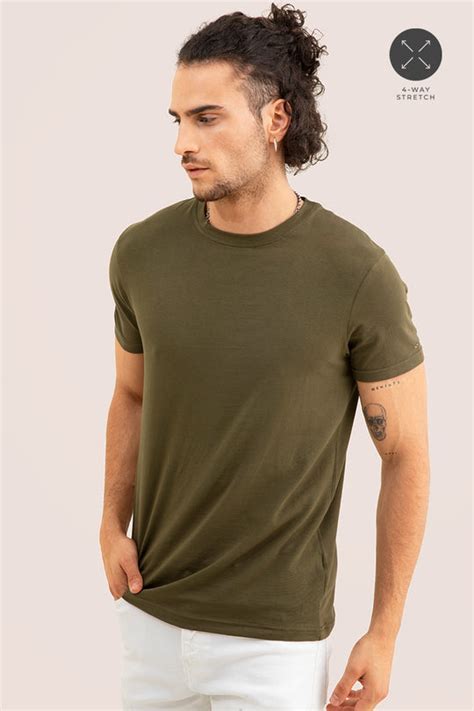 Olive Solid 4 Way Stretch Crew Neck T-Shirts - SNITCH