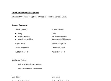 Three Page Series 7 Cheat Sheet: Options Terms - Study Sheet - Etsy