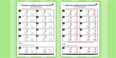 Y3 Inverse Check 2 Digit 2 Addition Subtraction with Carrying Worksheet