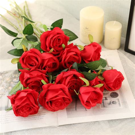 Buy KOSHIYA Red Artificial Rose Flowers, Silk Roses Single Stem ...