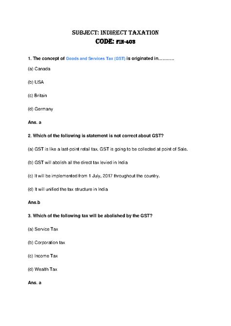 IT403 - MCQ - Subject: Indirect Taxation Code: Fin- 403 The concept of ...