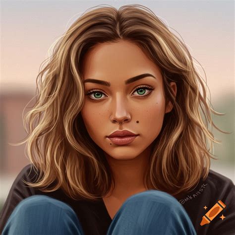 Stylized portrait of a woman with green eyes, brown wavy hair, a nose piercing, and moles. on ...