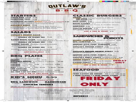 Menu at Outlaw's BBQ--Pineville, Pineville, 359 Kings Country Rd