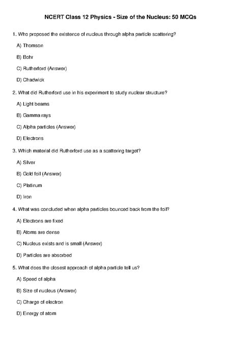 NCERT Class 12 Physics: 50 MCQs on Size of the Nucleus - Studocu
