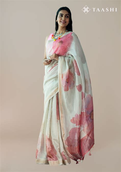 Shop Pearl Tissue Saree with Floral Pattern TI11 – Taashi