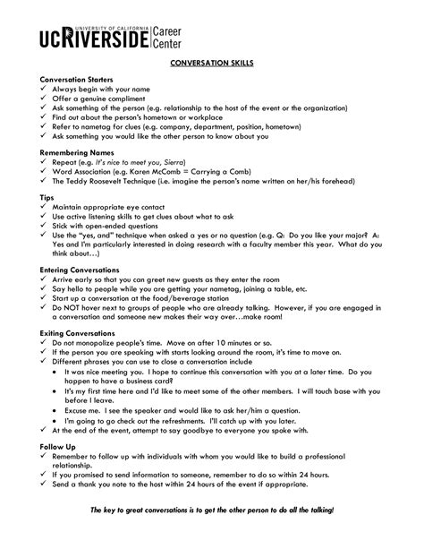 Conversation Skills Handout - The key to great conversations is to get ...