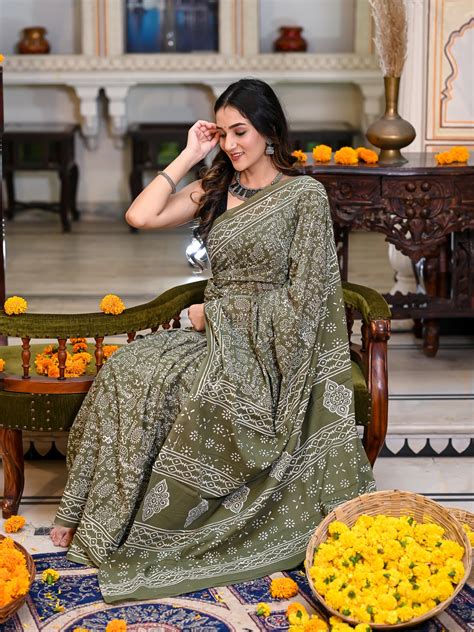 Green Varli Block Print Pure Cotton Saree – Jaipur Tex