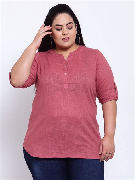 plusS Pink Mandarin Collar Shirt Style Top – pluss.in