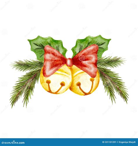 Watercolor Illustration Christmas Gold Bell with Red Bow and Green ...