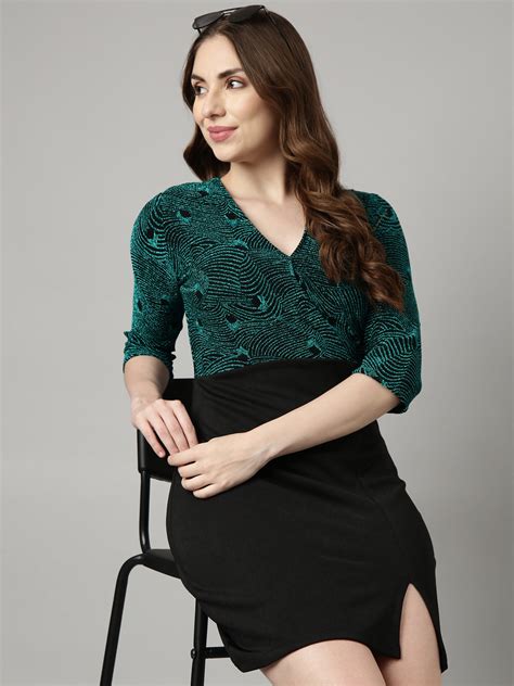 SHOWOFFFF Women's Black Embellished V-Neck Abstract Bodycon Dress