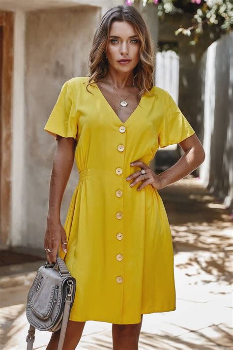 Yellow Button Up V Neck Short Sleeve Casual Dress 80%cotton,20 ...