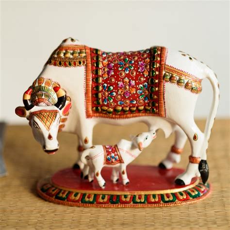 Meenakari Metal Cow And Calf Statue Online - eCraftIndia Online
