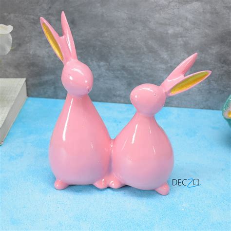 Rabbit Couple Statue for Indoor , Outdoor, Gift - Pink – Deczo