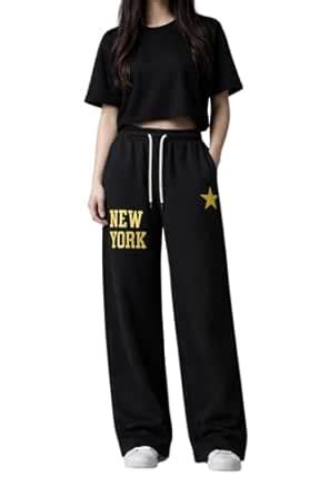 Women’s New York Graphic Sweatpants – Black Wide Leg Lounge Pants with ...