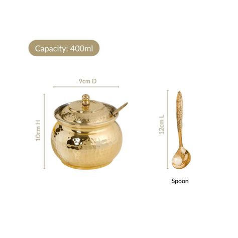 Hammered Pure Brass Ghee Pot With Spoon 400ml Online - Premium Kitchen ...