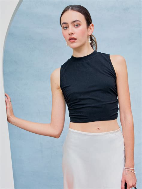 Cute Tops Knit Fabric Round Neckline Solid Sleeveless Ruched Crop Top ...