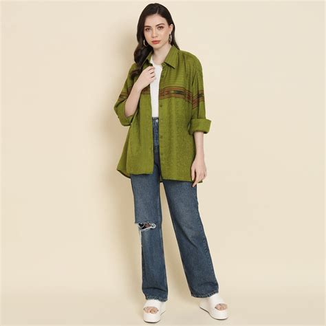 Pashtush Womens Oversized Casual Woollen Shirt, Emerald Green ...