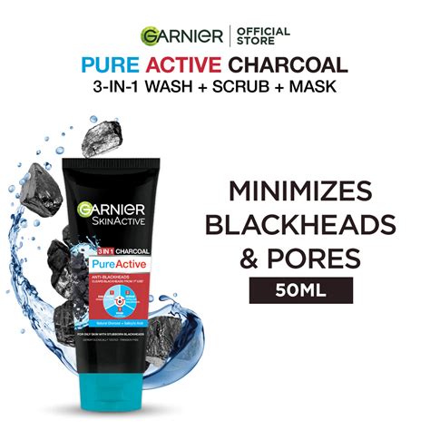 Garnier Skin Active 3-In-1 Charcoal Blackhead Face Wash Mask Scrub 50M ...