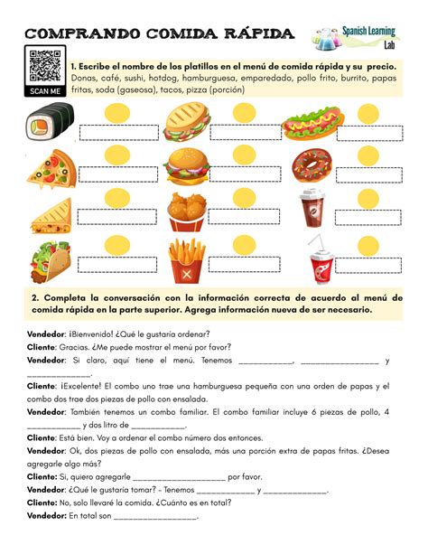 At a Fast Food Restaurant in Spanish - PDF Worksheet - Spanish Learning Lab