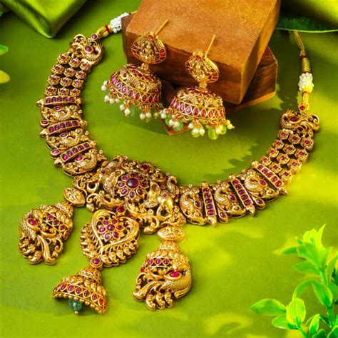 1 Gram Gold Plated Short Necklace Set | Bridal Choker Online – South ...