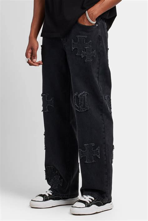 Baggy Raw Edge Applique Jeans - Washed Black | Mens Denim | Shop Denim ...