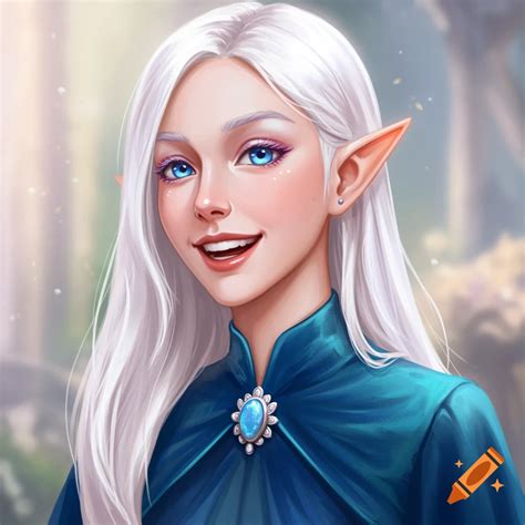 A smiling young high elven woman with long white hair, blue eyes, and ...