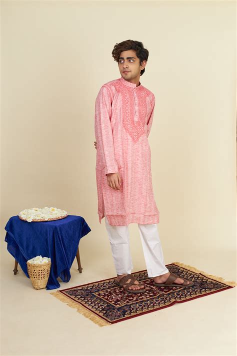Soft Linen Stripe Gents Kurta- Peach – Paridhan Chikan Exclusive