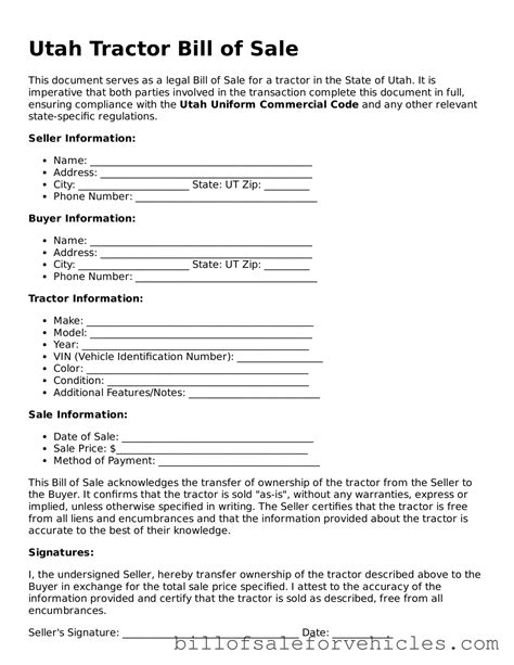 Valid Utah Tractor Bill of Sale Forms – Simple PDF Template