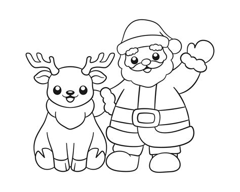 Santa with reindeer outline line art doodle cartoon illustration. Winter Christmas theme ...