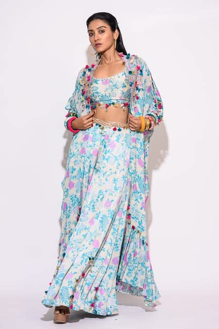Buy Blue Silk, Chiffon Tassels Scoop Neck, Open Floral Pattern Kaftan ...