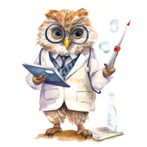 Watercolor illustration of an owl in a lab coat with a clipboard ...