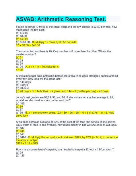 ASVAB-Arithmetic-Reasoning| All Correct Answers - Browsegrades