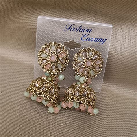 Hira Collections Gold Plated Crystal Stone And Beads Jhumki Earrings ...