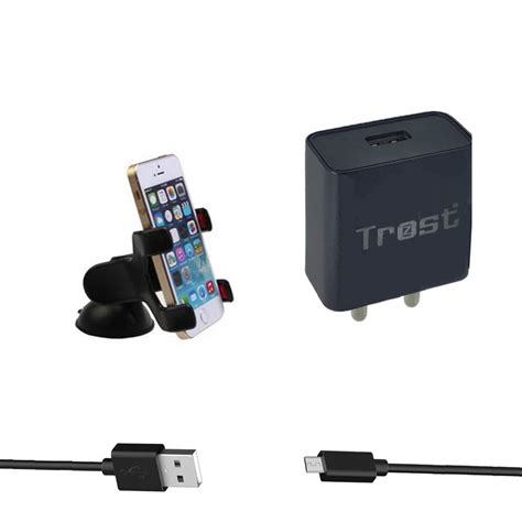 Trost - 2.1A BL Charger with Micro Cable and Double Clip Holder for All ...